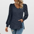thumbnail image 2 of Fmbrln Womens Lightweight Sweaters Lace Patchwork Long Sleeve V Neck Solid Tops Loose Comfy Pullover Tops Trendy Womens Blouses Navy S, 2 of 4