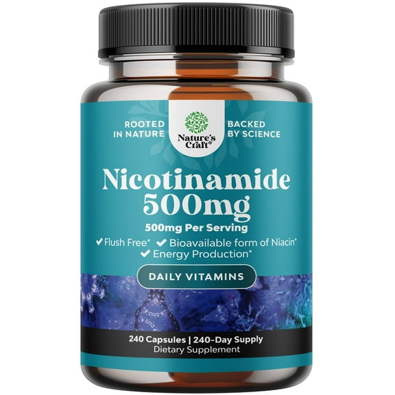 Natures Craft 500mg Nicotinamide Niacin Capsules, Flush Free Skin Supplement, 240 Count