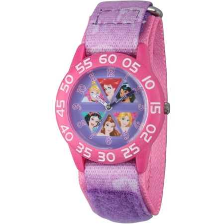 Watch Cinderella Princess Cinderella, Rapunzel, Ariel, Jasmine, Snow White and Belle Girls' Pink Plastic Time Teacher Watch, Purple Hook and Loop Stretchy Nylon Strap with Pink Backing ()