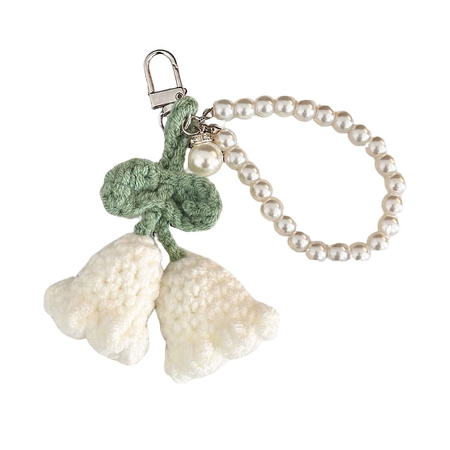 Llavero de flor de ganchillo hecho a mano con forma de flor y fruta, colgante para bolso con cadena de perlas de imitación, accesorio para niñas y mujeres, llaves y mochila.