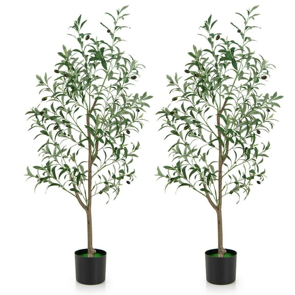 Gymax 4.5 FT Tall Artificial Olive Tree Set of 2 Fake Potted Trees w/ Realistic Fruits