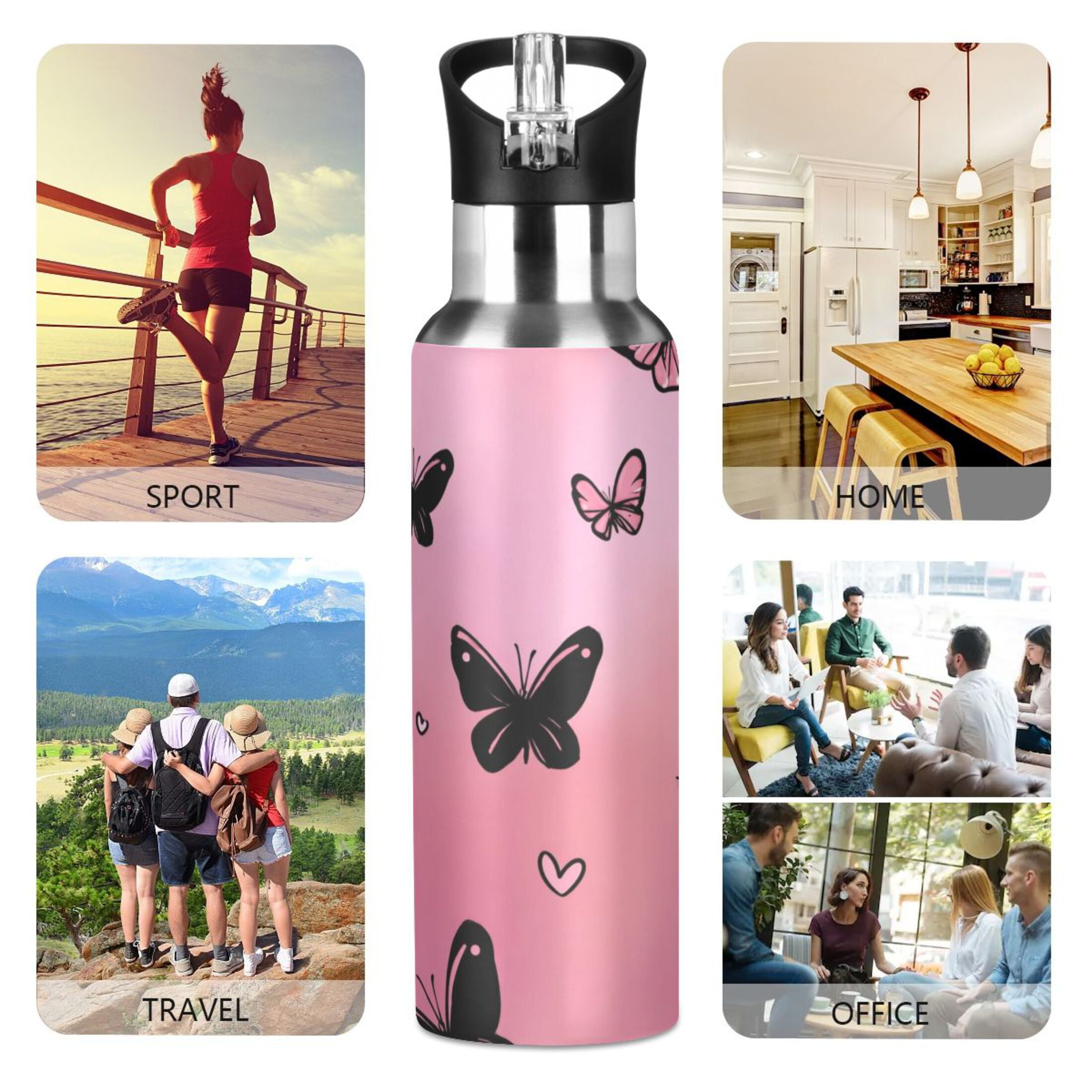 Iauyy Stainless Steel Double-Wall Vacuum Insulated Water Bottle with Straw-600ml&1000ml BPA-Free Leak-Proof for Travel Workouts Outdoor,Heart-shaped Gradient Effect