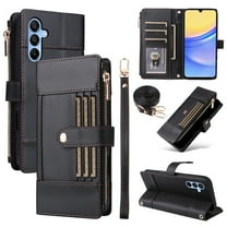 Allytechgroup Wallet Case for Samsung Galaxy A16 5G with Card Holder, Built-in Shoulder Strap Wrist Strap PU Leather Slim Stand Phone Case Shockproof Protective Back Cover for Women Girls, Black