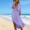 thumbnail image 2 of Robe en Lin à Col pour Femmes Manches Courtes Boutonnée Été 2026 Robes Décontractées Couleur Unie Col Rabattu Midi Robe d'Été Coupe Décontractée, 2 of 8
