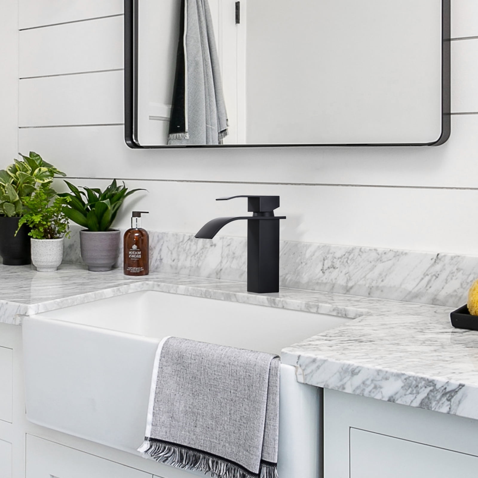 Wowow Waterfall Bathroom Faucet Matte Black Faucet for Bathroom Sink Single Handle Mixer Tap Lavatory Vanity Faucet with Deck Plate and Pop Up Drain, 1 or 3 Hole