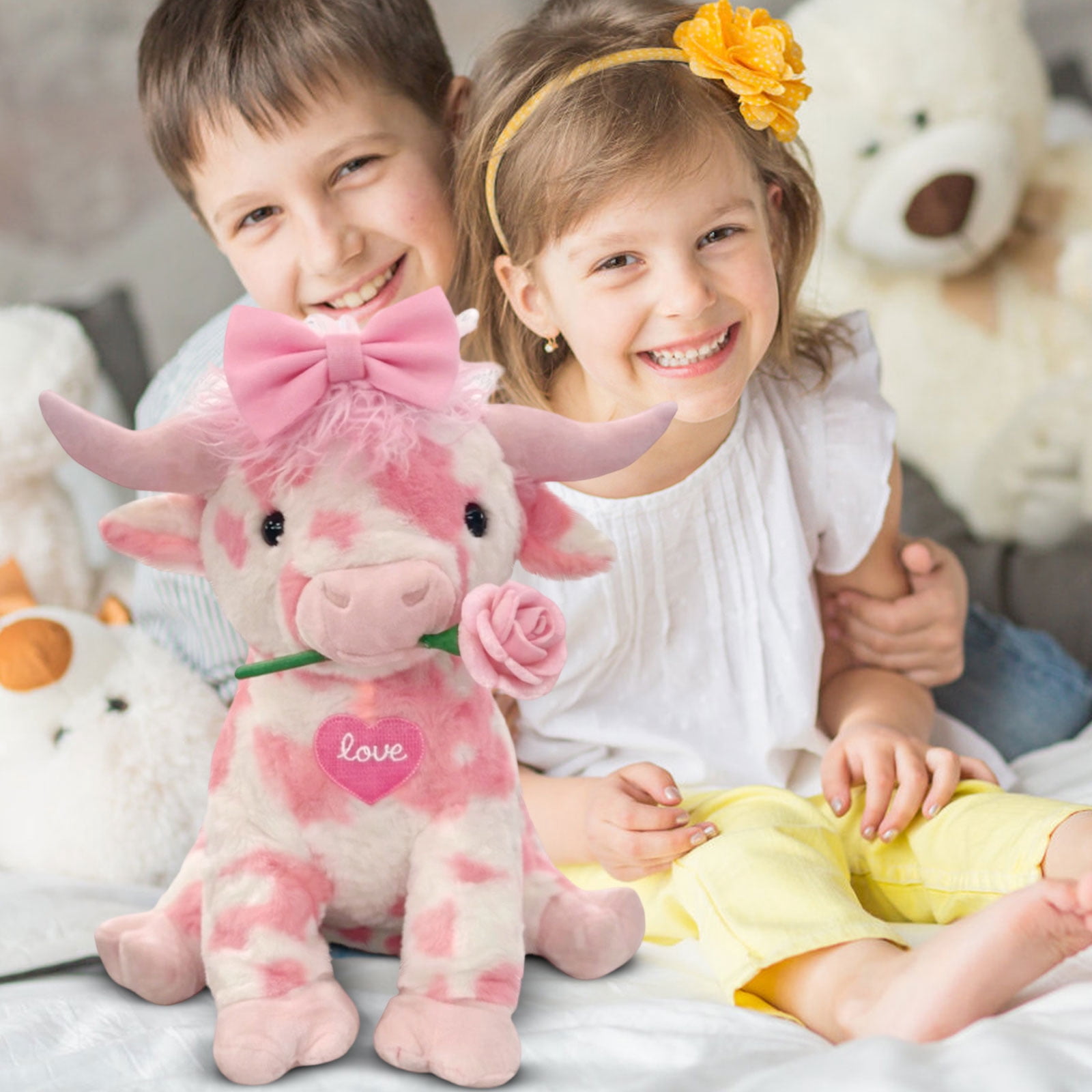 20Inch Kawaii Pink Cow with Rose Stuffed Animals Plush Toy, Soft Plush Doll, Perfect Birthday Christmas Valentines Anniversary Easter Holiday Gifts, Easter Basket Stuffers