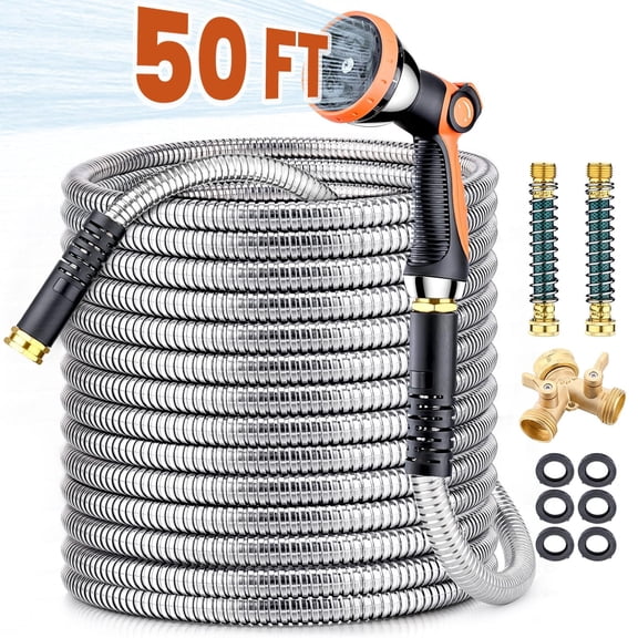 50ft Garden Hose, 304 Stainless Steel Metal Water Hose with 10-Mode Nozzle Sprayer & 6 Extra Rubber Washers, Durable Outdoor Hose for Lawn Watering, Yard, Patio