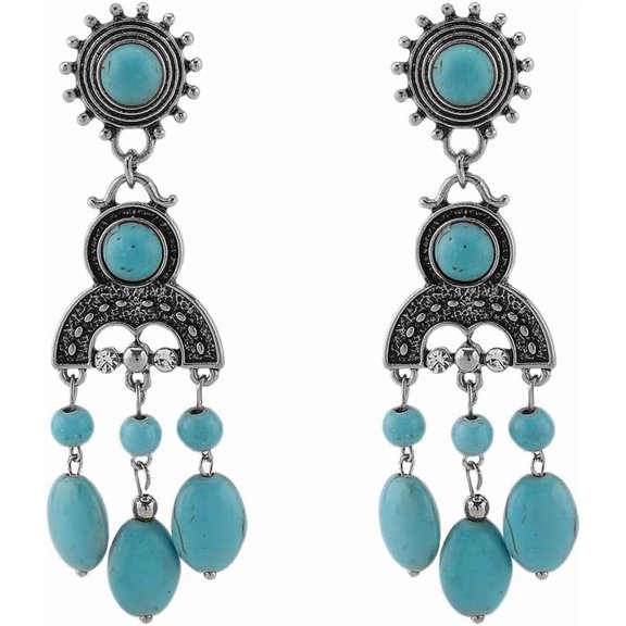 Boho Turquoise Chandelier Drop Earrings for Women Vintage Long Blue Birthstone Crystal Tassel Charms Statement Dangle Earring Lightweight Bohemian Ethnic Holiday Anniversary Jewelry