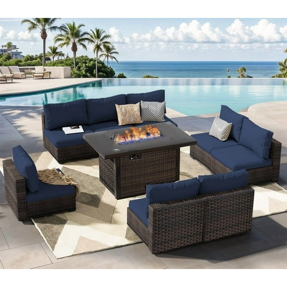Gaildon 9 Piece Patio Furniture Set with Fire Pit Table, All Weather Outdoor Sectional PE Rattan, Patio Conversation Sets with Cushions and Glass Coffee Table for Garden Lawn Balcony Porch Deck, Blue