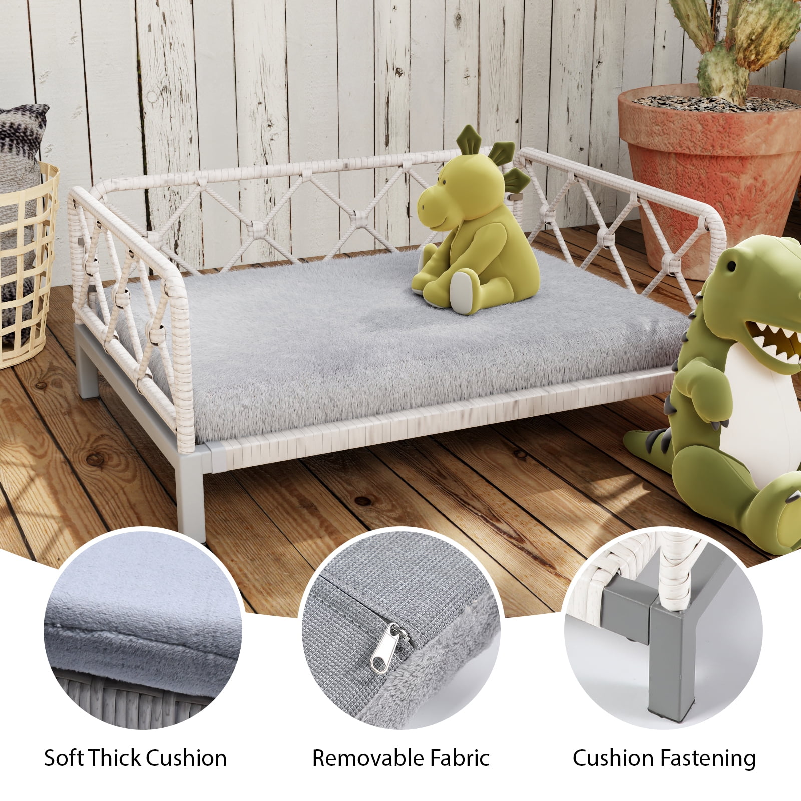 Wallowsun Wicker Dog Bed with 2'' Cushion,Rattan Dog Sofa Bed for Small Medium Dogs– Indoor/Outdoor Metal Frame Pet Bed up 66lbs (White Rattan Grey Cushion)