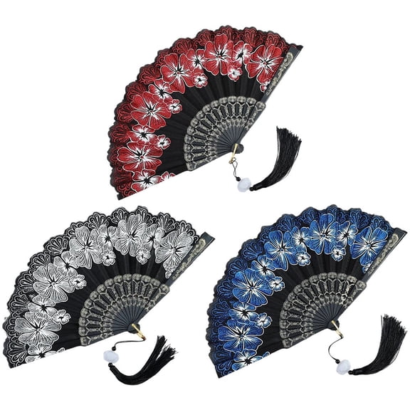 Byfri 3 Pack Cherry Blossom Japanese Folding Hand Fans with Tassel Floral Dance Fans for Weddings 42x23cm
