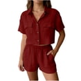 thumbnail image 2 of VBVC Women's 2 Piece Summer Cotton-Linen Outfits,Button Down Crop Blouse and Shorts For Women,Ladies Lapel Vacation Travel Sets with Pockets,Red,S-2XL, 2 of 9