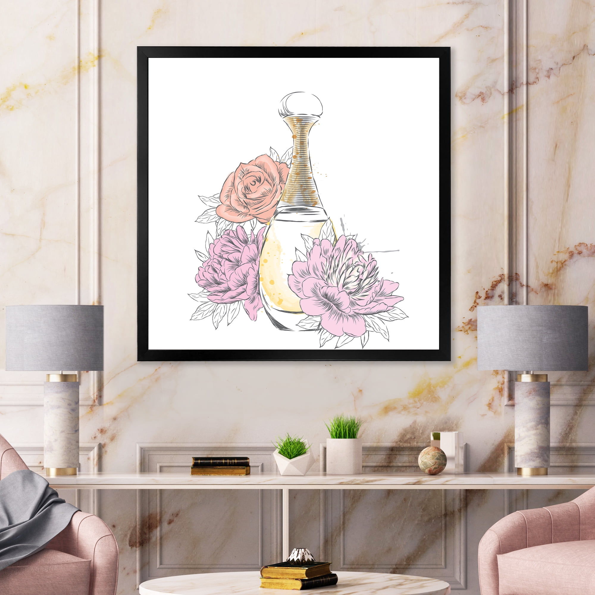 Designart 'Bouquet of Flowers and Perfume Bottle I' Traditional Framed Art Print