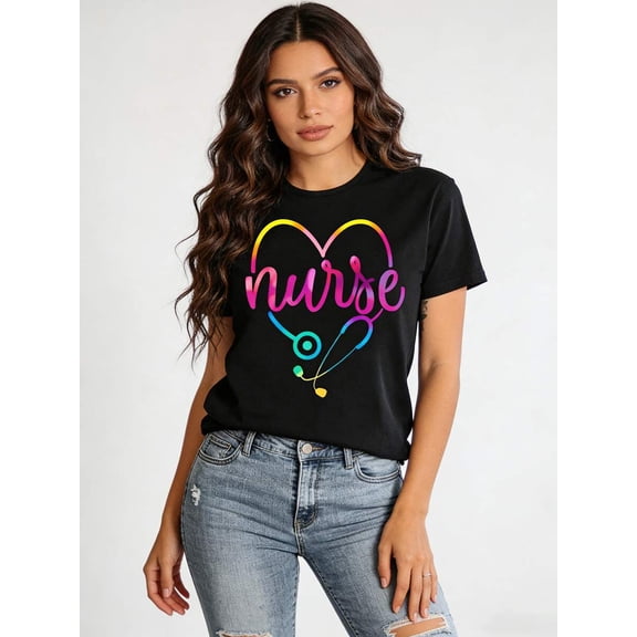 Plus Size Nurse Gradient Heart Stethoscope T-Shirt For Women Casual Short Sleeve Medical Tee, Nurse Graduation Gift