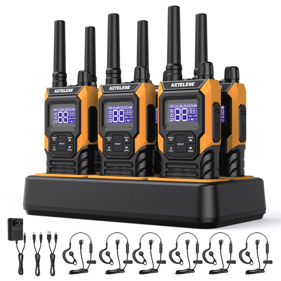 KETELESE T4 Waterproof Radios Walkie Talkies 6 Pack, IP67 FRS Two Way Radio with Headsets and Charging Base, NOAA Weather Alert,PTT,Group,VOX