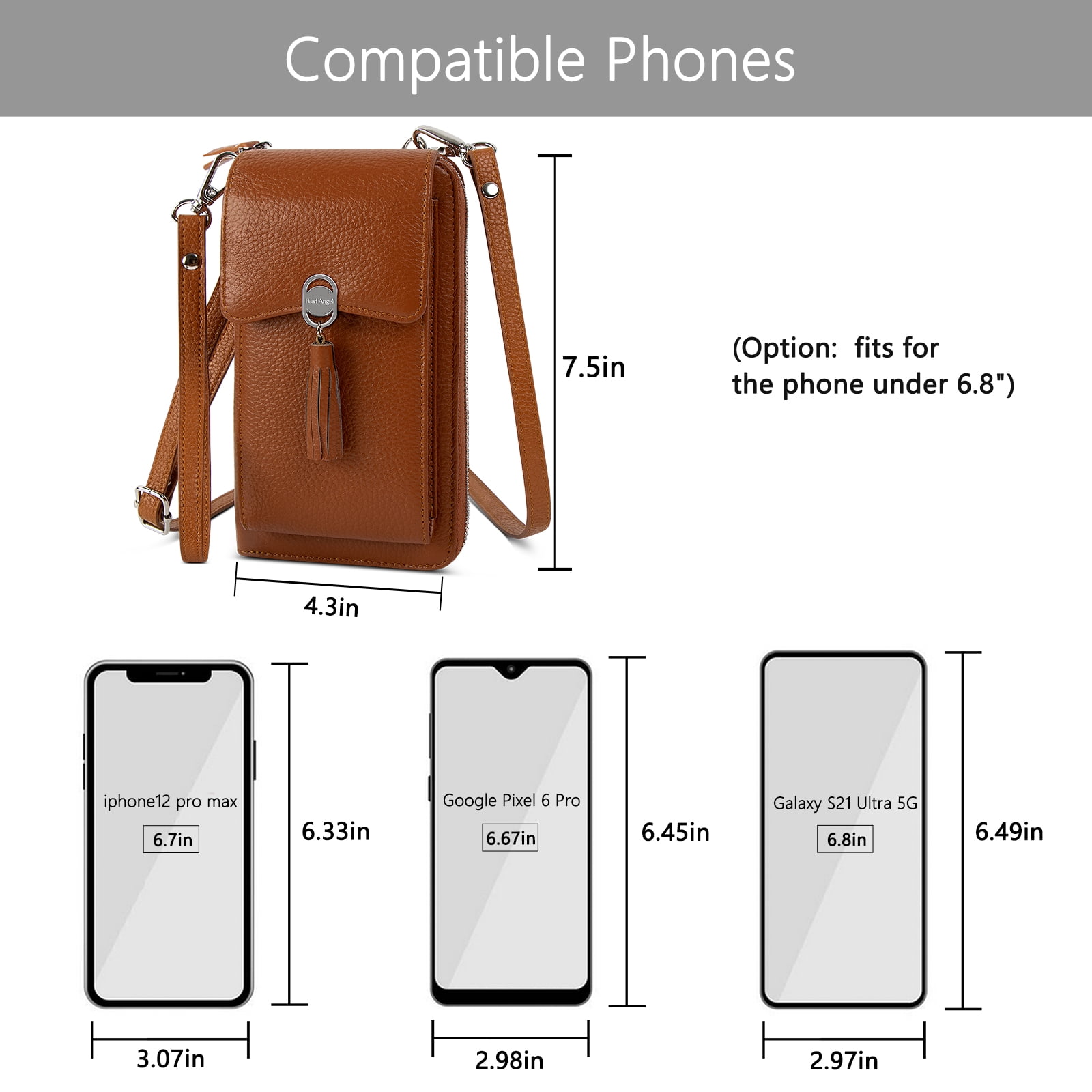 Pearl Angeli Women's Leather Mobile Phone Crossbody Cell Phone Bag RFID (brown)