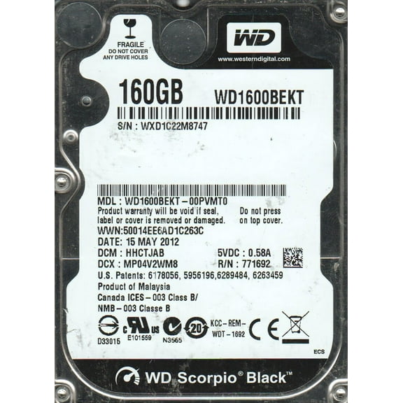 WD1600BEKT-00PVMT0, DCM HHCTJAB, Western Digital 160GB SATA 2.5 Hard Drive