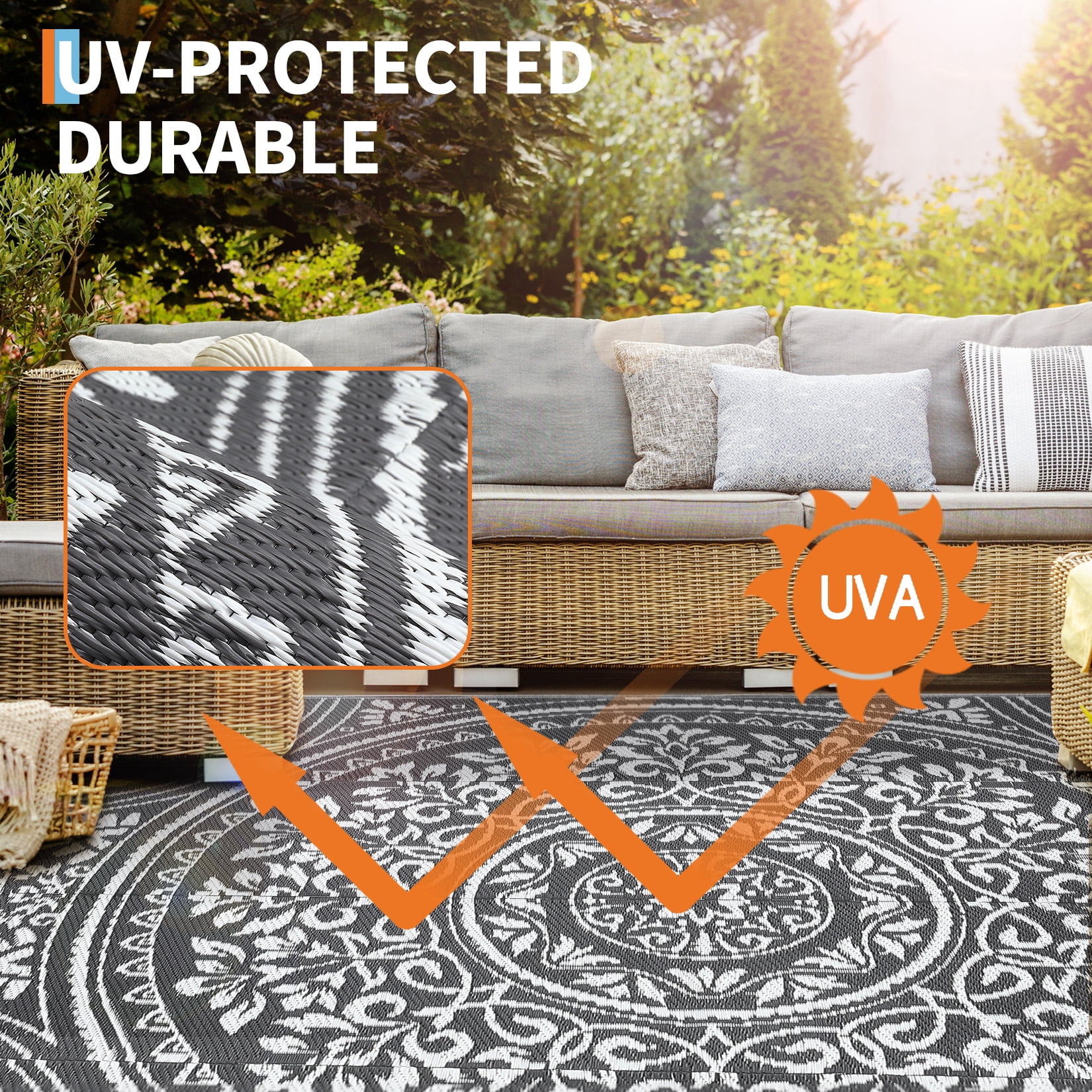HIWEAVER 9' x 18' Gray/White Outdoor Rug PP Plastic Straw Woven Waterproof Patio Rug with Border Portable Outside Carpet for Balcony Deck Picnic Garden Decor