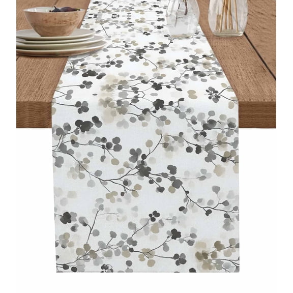 Gray Botanical Table Runner 48 Inches, Watercolor Spring Summer Floral Leaves Bed Runner Dresser Scarves Tabletop for Indoor Outdoor Parties/Ceremony/Banquet, 13" x 48"