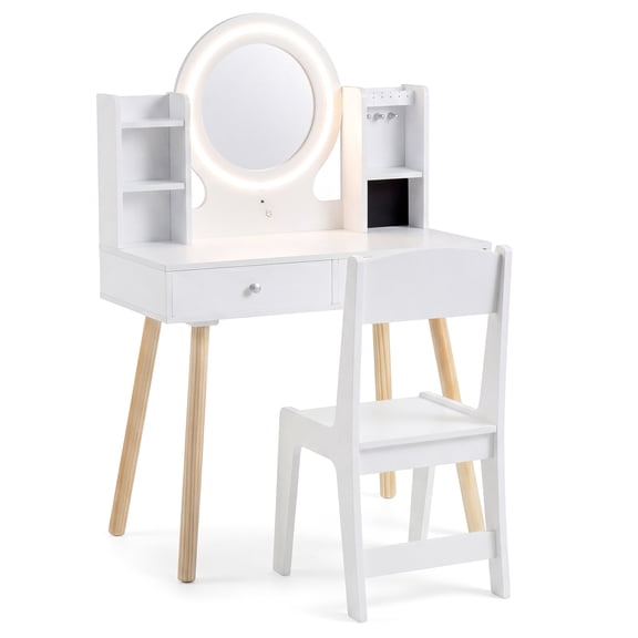 Costway Kids Vanity Set Princess Vanity Desk Set with 2-Color LED Lighted Acrylic Mirror White