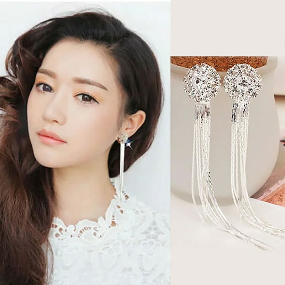 Besufy Unique Tassel Pendant Long Dangle Statement Women Stud Earrings Rhinestone