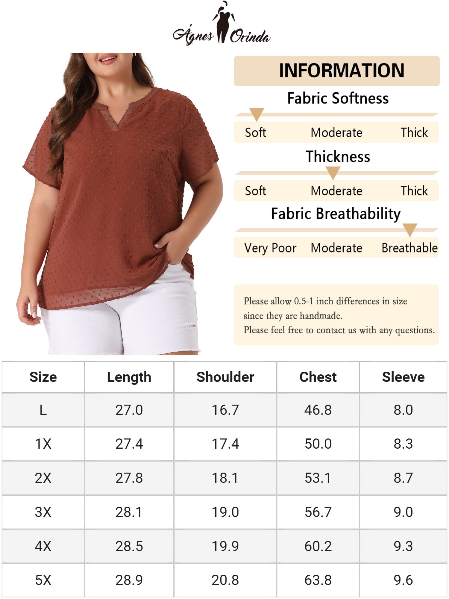 Unique Bargains Women's Plus Size Outfits Fashion Solid Pin Dots V Neck Top 1X Caramel