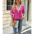 thumbnail image 3 of Women's Casual 3/4 Sleeve Shirts Lace V Neck Color Block Dressy Tops Trendy Hollow Floral Blouses T Shirts S-XXL, 3 of 8