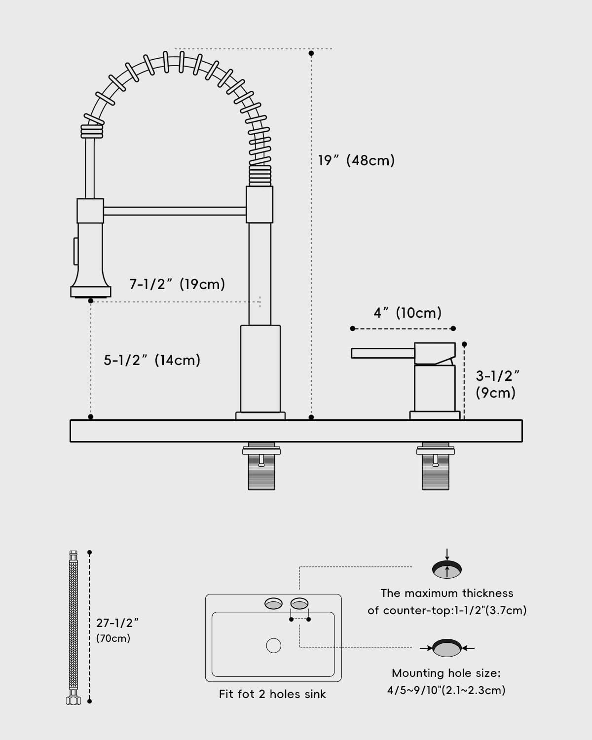 2 Hole Kitchen Faucet Brushed Nickel with Separate Handle, SUS304 Stainless Steel Two Holes Faucet for Kitchen Sink,