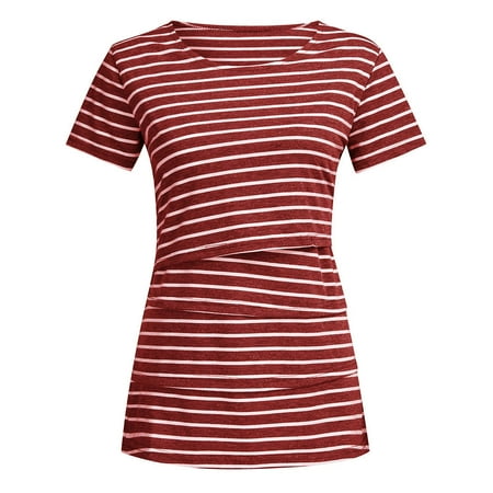 

Tangnade Women Pregnant Nusring Maternity O-Neck Short Sleeve Tops Stripe Clothes Blouse Maternity Tops