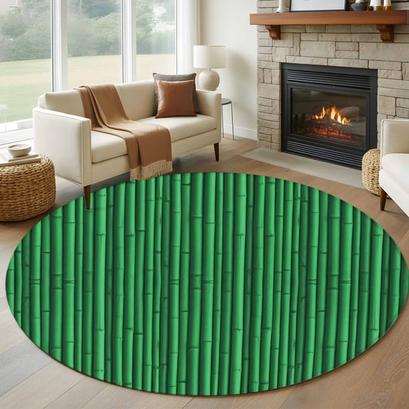 Round Area Rug 5 Ft, Retro Green Washable Non-Slip Circle Carpet for Living Room/Bedroom, Vintage Rustic Plants Trees Lines Pattern Low-Profile Runner Mats Collection Rugs for Indoor