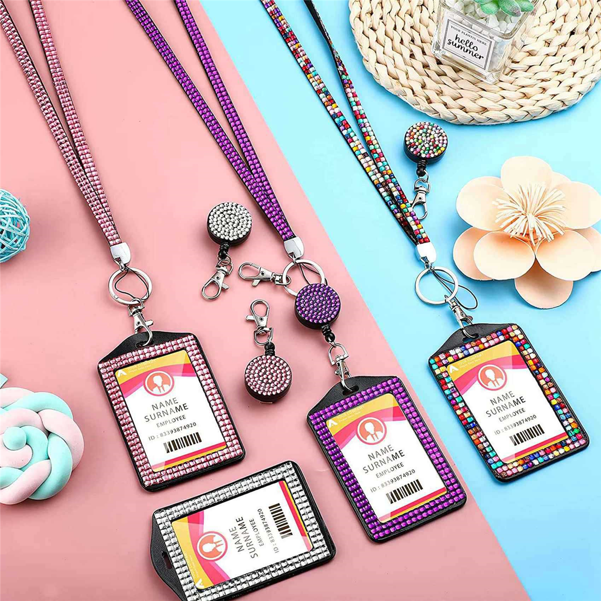 20 Sets Rhinestone Lanyard ID Card Holder Crystal Retractable Badge Reel Rhinestone Neck Lanyard Card Holder