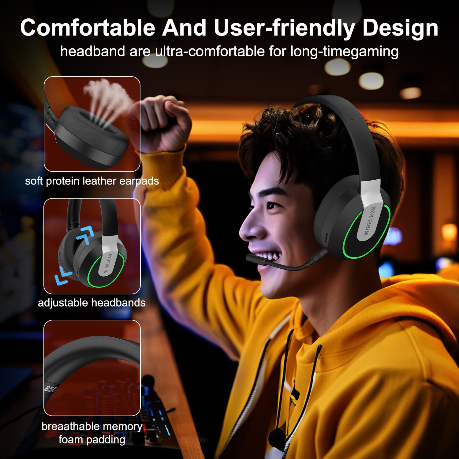 Wireless Gaming Headset, 2.4G/Bluetooth Gaming Headphones with Detachable Noise Cancelling Mic, RGB Over Ear Headphones with Stereo Bass Surround, 3.5mm Wired for PS4 PS5 Xbox PC, Black