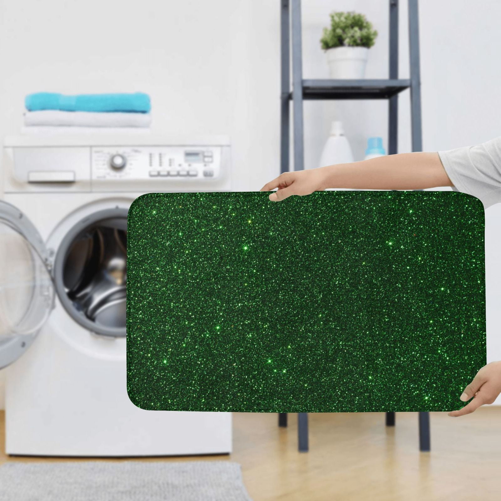 Bathroom Rugs Sets 3 Piece - Emerald Green Sparkling Absorbent Non Slip Bath Mats, U-Shape Toilet Lid Cover, Contour Mat, Soft Washable Shower Mats Bath Rug Mat for Bathroom Tub Toilet