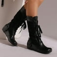 thumbnail image 5 of Black Ladies Lace Up Mid Calf Boots Round Toe Flat Sole Fashion Casual Versatile Winter Comfortable Wear Chunky Design, 5 of 9