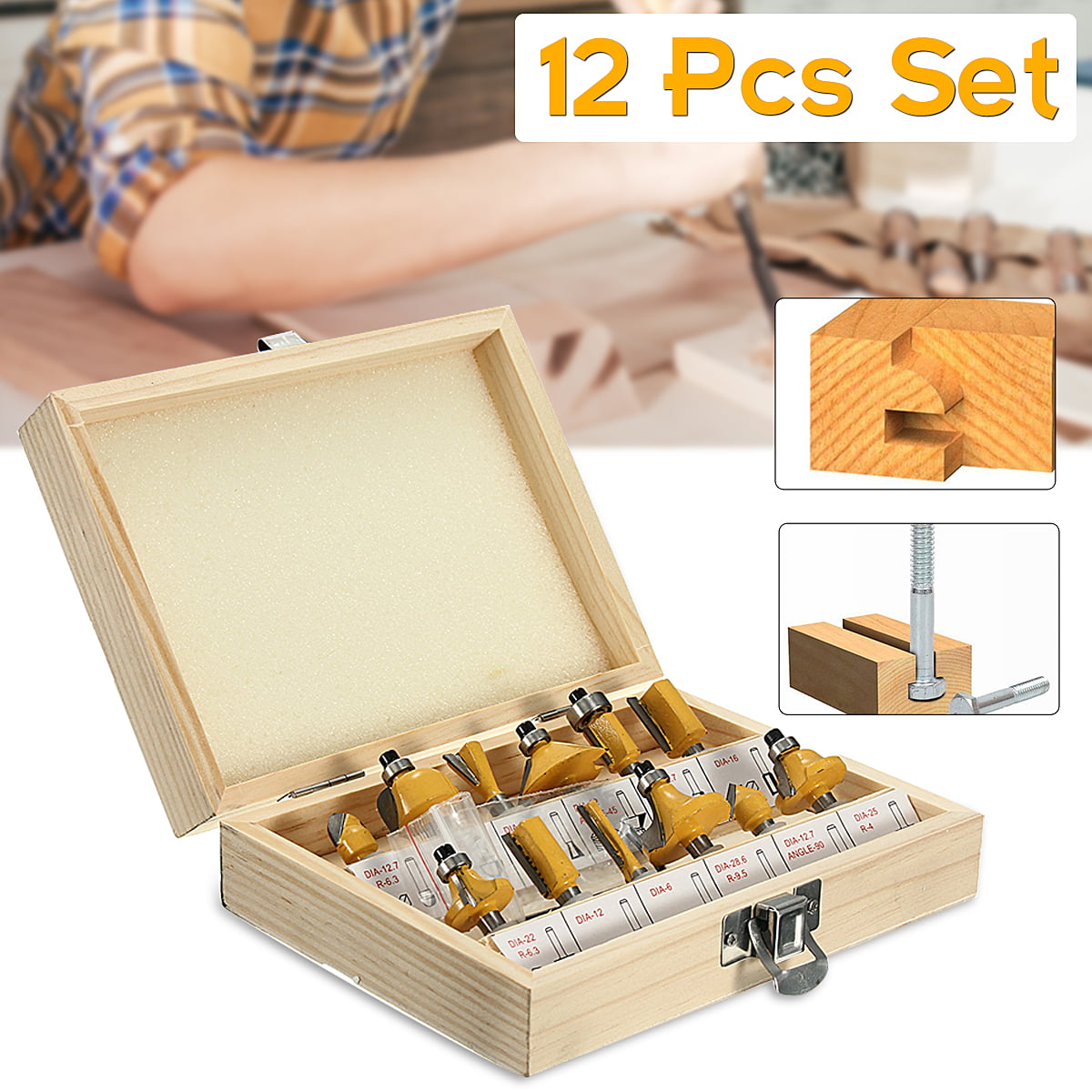 12Pce Tungsten Carbide Tipped TCT Router Bits 1/4" Shank Sealed Bearing Bit Set 