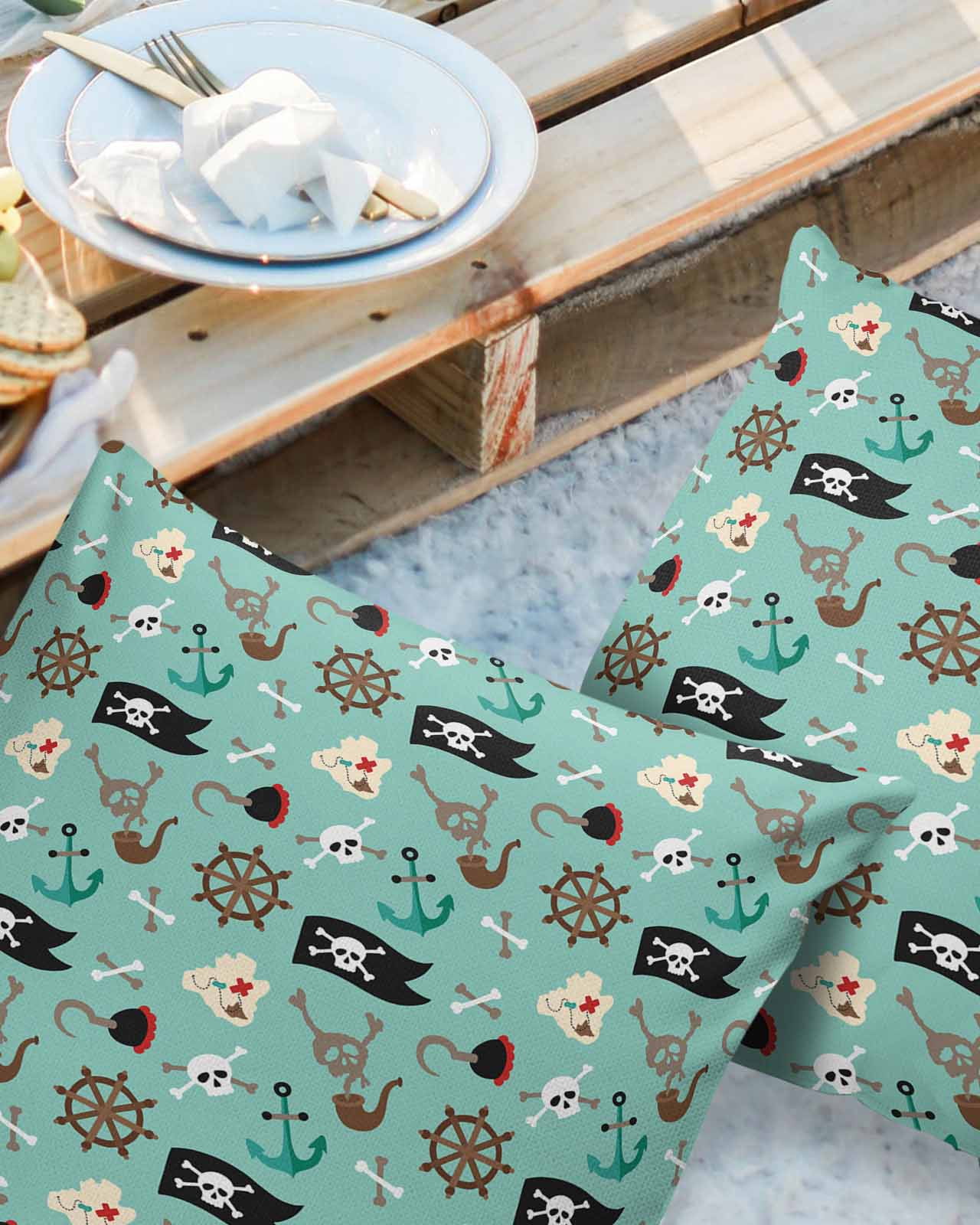 Pack of 2 Outdoor Pillow Covers, Pirate Flag Rudder and Hook Waterproof Square Throw Pillowcase Cushion Decorative Pillow Covers for Couch Patio Tent, 20x20 in