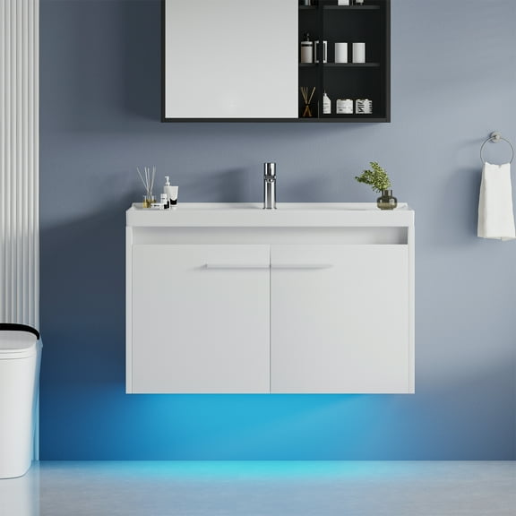 DreamCurship 31” Bathroom Vanity with Sink, Floating Bathroom Vanities with Adjustable LED Light, Bathroom Sink Cabinet with 2 Doors, White