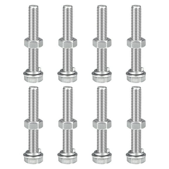 M8 x 60mm Hex Head Screws Bolts, Nuts, Flat & Lock Washers Kits, 304 Stainless Steel Fully Thread Hexagon Bolts 8 Sets
