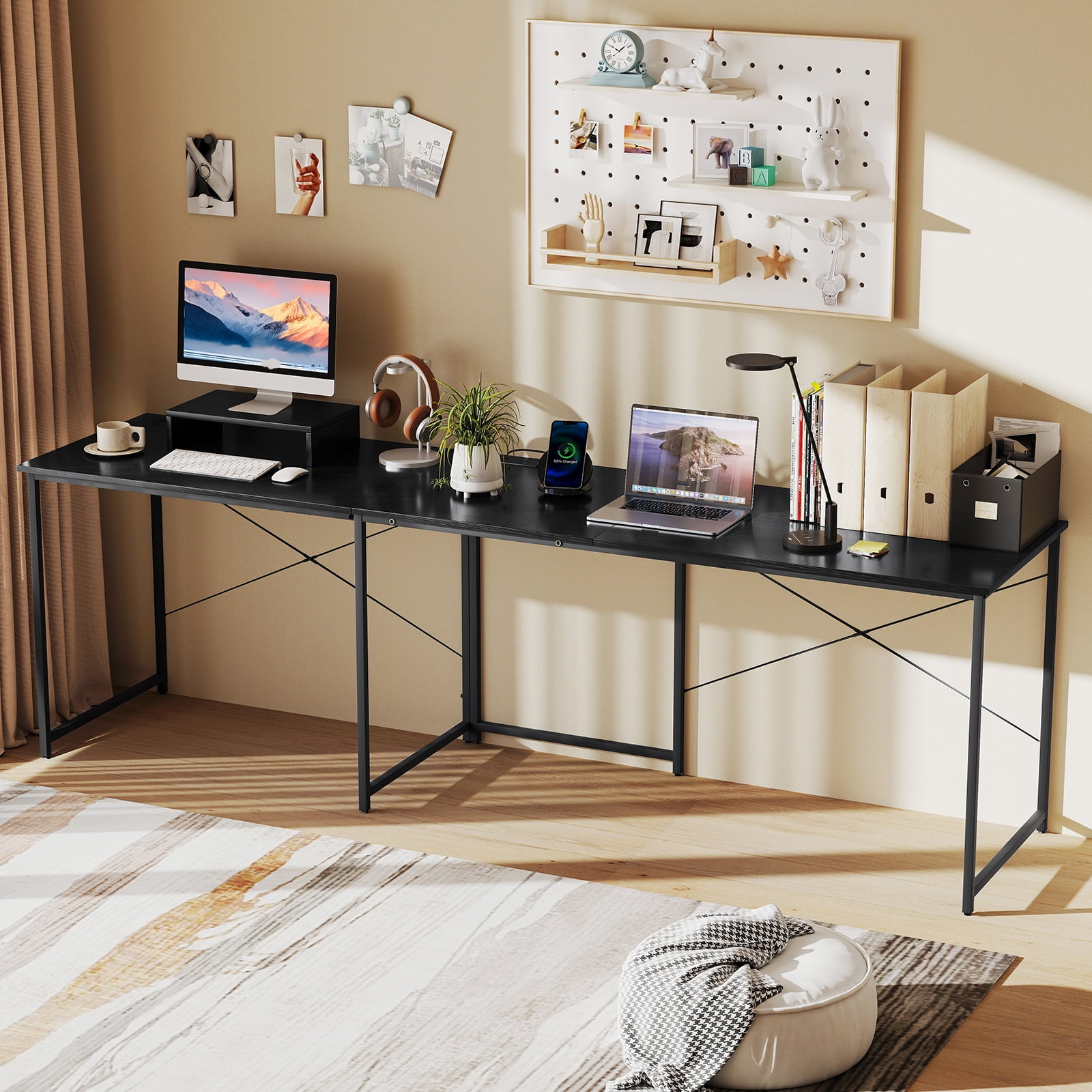 Gymax L-Shaped Reversible Computer Desk 2-Person Long Table w/Monitor Stand Black