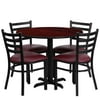 Flash Furniture 36'' Round Mahogany Laminate Table Set with X-Base and 4 Ladder Back Metal Chairs - Burgundy Vinyl Seat