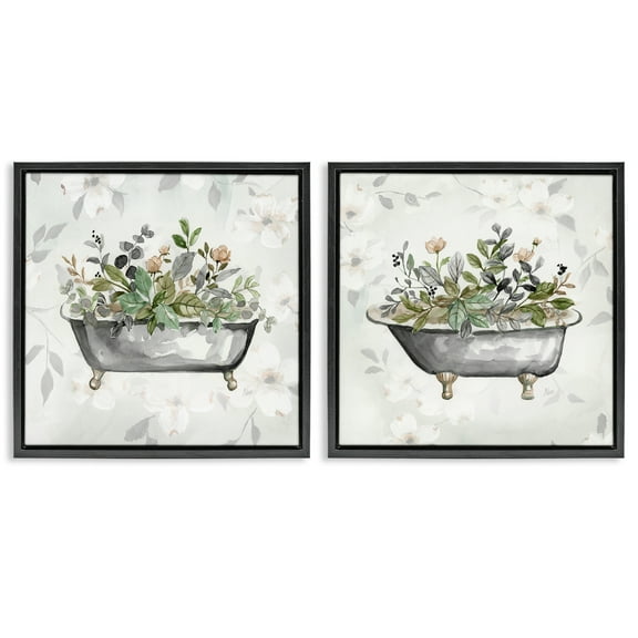 Stupell Industries Gray Muted Watercolor Flower Tub Bath & Laundry Painting Black Floater Framed Canvas Art Print Wall Art, 18 x 18, Set of 2