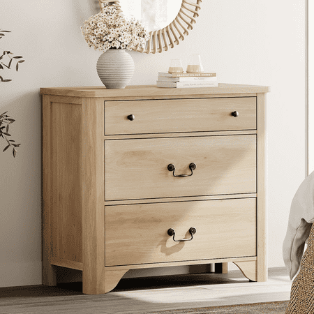 WAMPAT 3 Drawer Dresser for Bedroom Multifunctional Wood Nightstand Chest Farmhouse Storage Cabinet for Clothes Bedside or Entryway