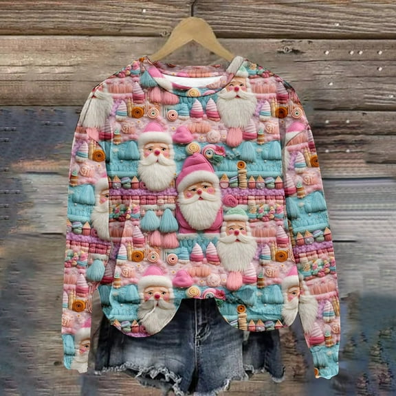 Aloohaidyvio Christmas Tops,Womens Casual Long Sleeve Sweatshirt Crewneck Vacation Christmas Printing Cute Loose Tops