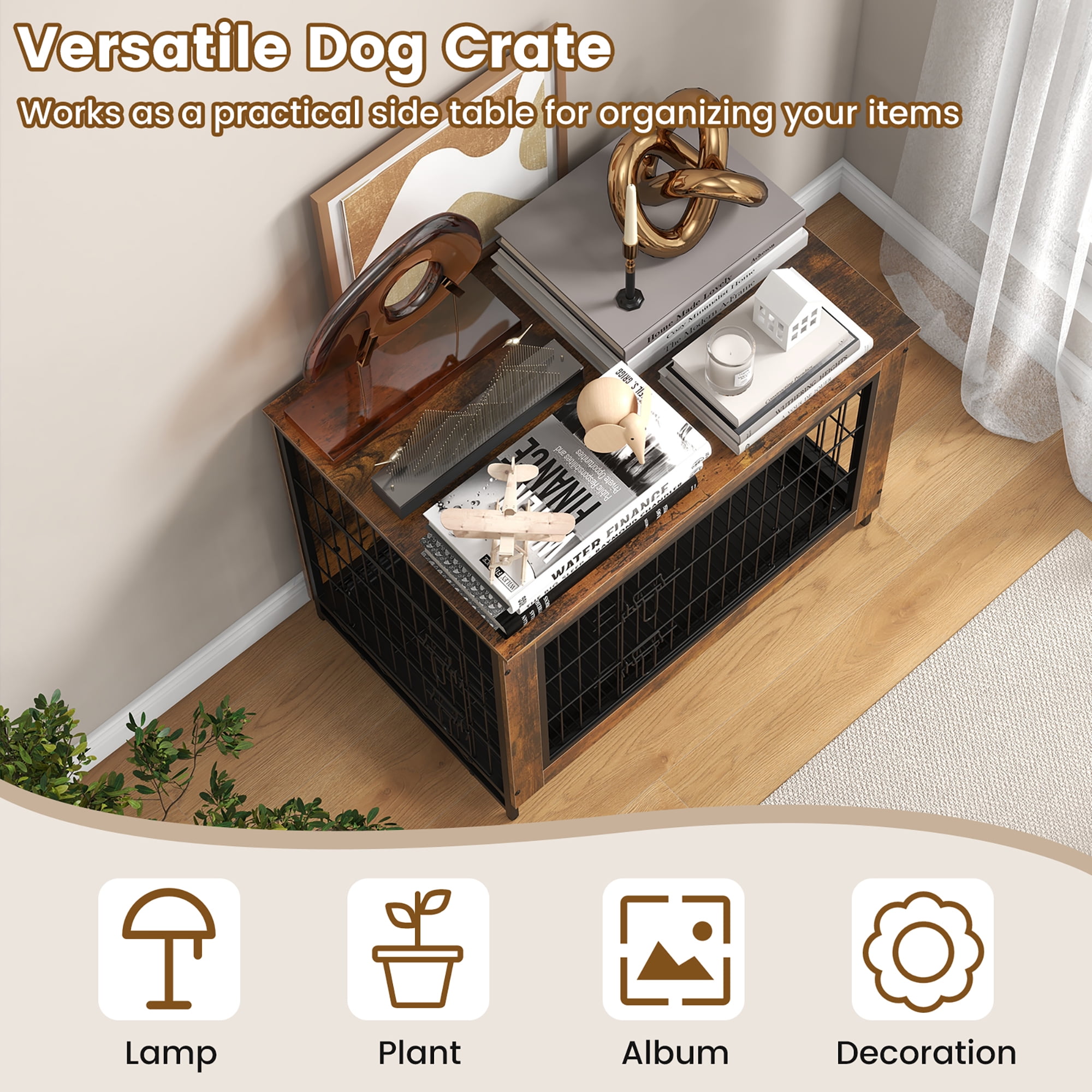 Gymax Industrial Dog Crate Furniture Heavy-duty Kennel Cage w/ 3 Chew-proof Walls Large