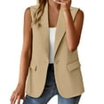 thumbnail image 1 of Chaquetas de traje estilo casual Abrigo sin mangas para mujer Chaqueta de punto de color sólido Chaqueta de punto de solapa informal con bolsillos,temperamento blazer(Beige， S), 1 of 4