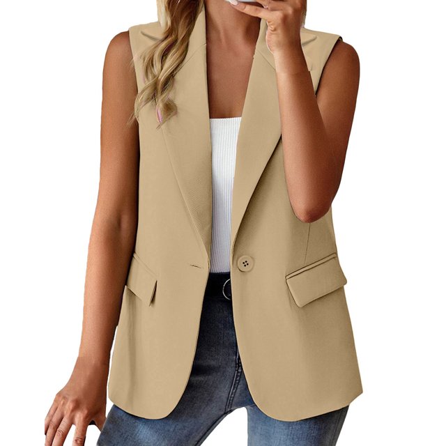 Chaquetas de traje estilo casual Abrigo sin mangas para mujer Chaqueta de punto de color sólido Chaqueta de punto de solapa informal con bolsillos,temperamento blazer(Beige, S)