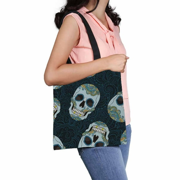 YUSDECOR Gothic Doodle And Sugar Skulls Canvas Shoulder Bags Handbags Tote Bags Shopping Bag