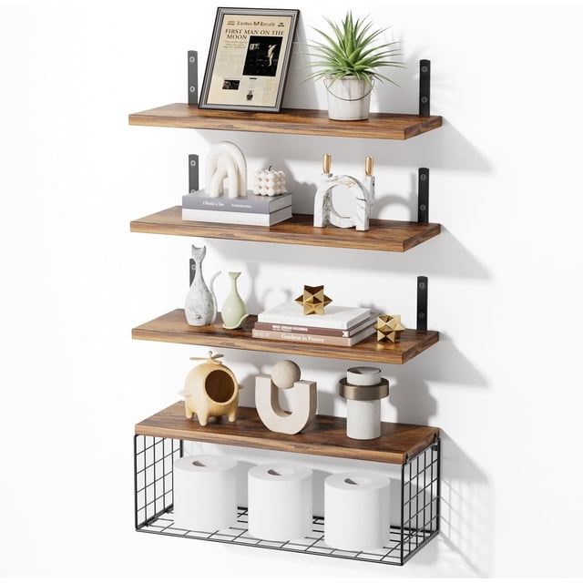 Estante Flotante, 4 Piezas Repisas Flotantes de Pared, Estantes Flotantes con Cesta de Alambre Repisa de Madera con Metal Que Puede soportar 40 Libras