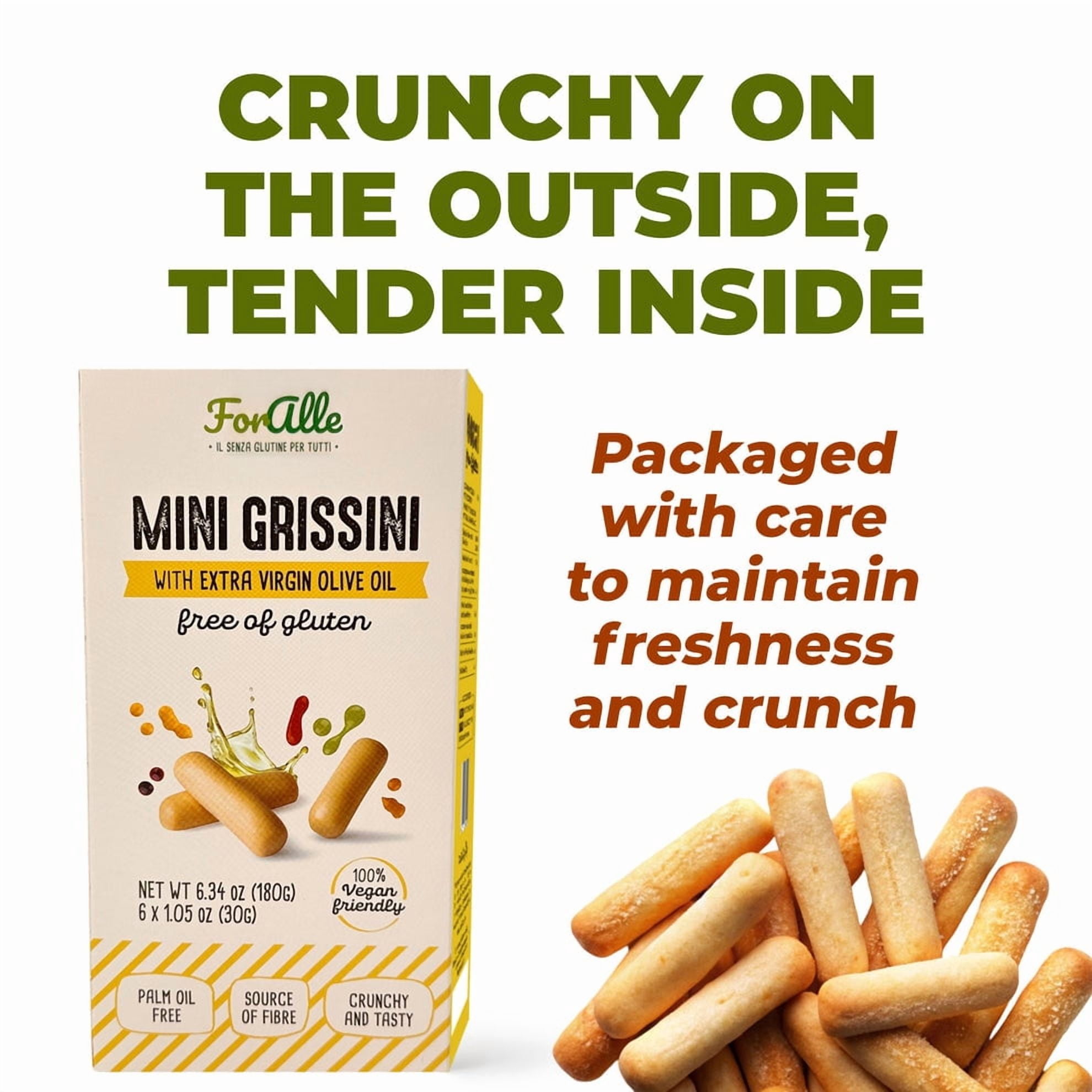 For Alle Gluten Free Mini Grissini with Extra Virgin Olive Oil, 6x1.05 oz (6.34 oz) – Traditional Italian Pugliese Snack. Oven-Baked. Vegan. Cholesterol-Free. (Pack of 9)