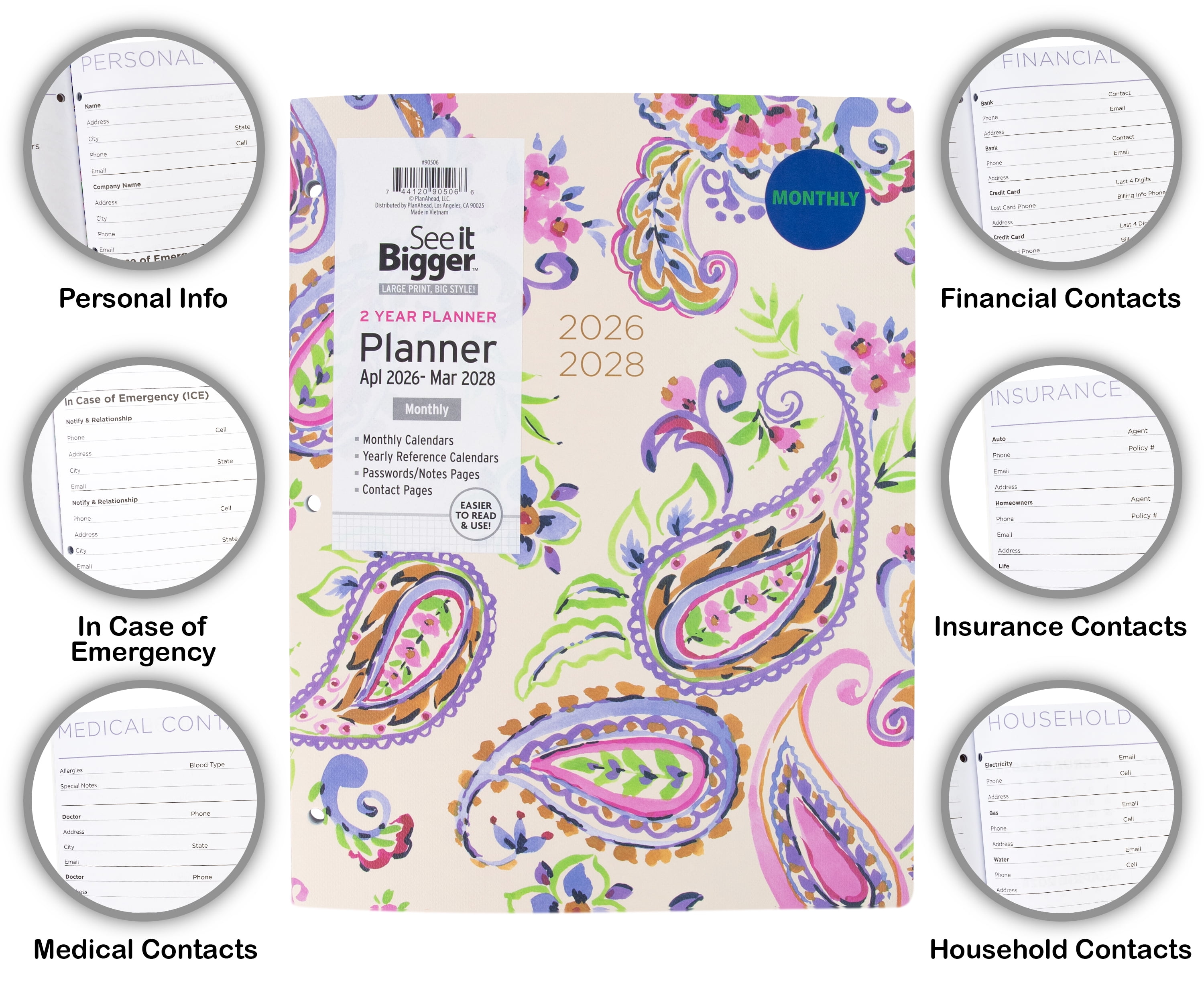 See It Bigger Monthly Planner, Large (8.5" x 11"), Paisley, 2-Year: Apr 2026 – Mar 2028